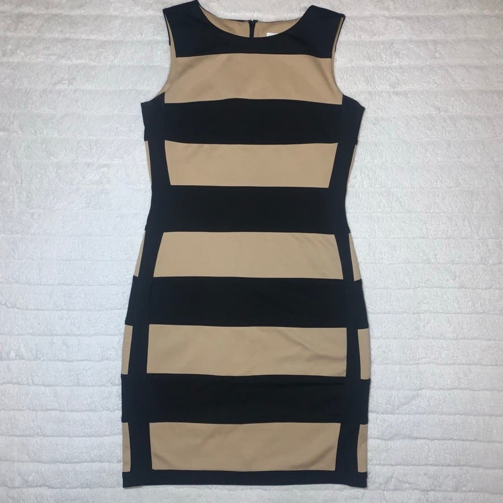 Calvin Klein Tan & Black Striped Sleeveless Dress